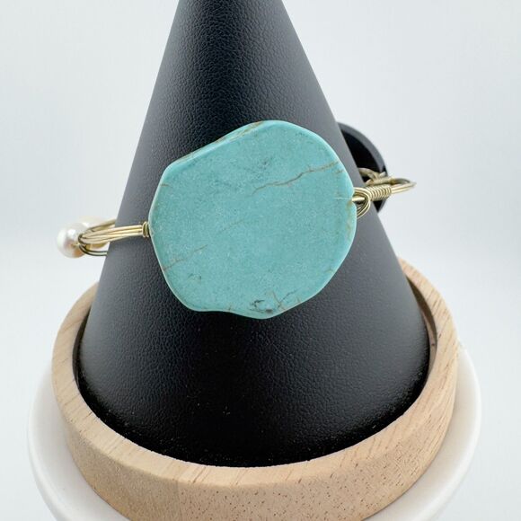 Bohemian Wire Wrapped Bracelet Turquoise Color Stone Wood Faux Pearl Bangle - Picture 6 of 9